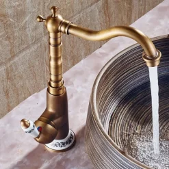 Luxury Retro Style Utility Sink Laundry Faucet, Centerset High Arc One Ceramic Handle One Hole Wash Basin Tap with Hot and Cold Water Switch, Laundry Tub Pot Filler Commercial Faucet in Antique Brass