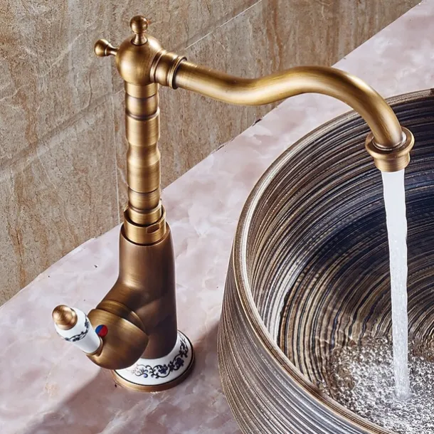 Luxury Retro Style Utility Sink Laundry Faucet, Centerset High Arc One Ceramic Handle One Hole Wash Basin Tap with Hot and Cold Water Switch, Laundry Tub Pot Filler Commercial Faucet in Antique Brass