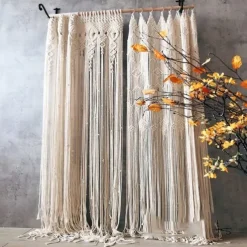 Macrame Hanging Curtain Decor Boho Long Hanging Fringe Chic Door Divider Curtains Handmade Crochet Tapestries Drapes Decorations for Living Room Windows Dorm Apartment Baby Shower Party
