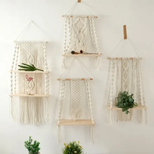 Macrame Wood Floating Shelves Handmade Woven Bohemian Wall Shelves Tapestry Cotton Woven Rope Hanging Shelves Decorative Storage Racks Holder Organizer Boho Decor For Home Bedroom Bathroom Plants