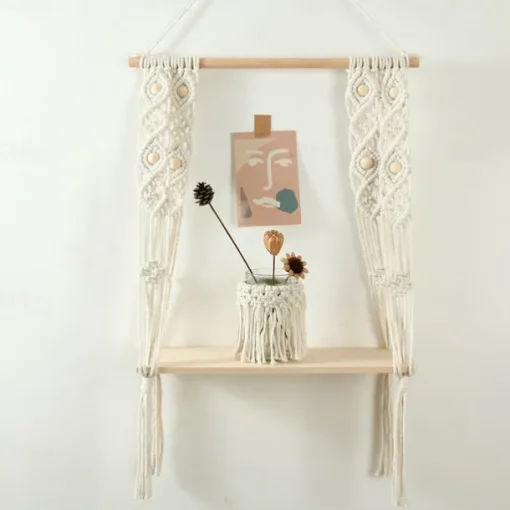 Macrame Wood Floating Shelves Handmade Woven Bohemian Wall Shelves Tapestry Cotton Woven Rope Hanging Shelves Decorative Storage Racks Holder Organizer Boho Decor For Home Bedroom Bathroom Plants