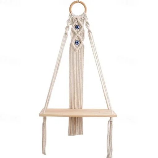 Macrame Wood Floating Shelves Handmade Woven Bohemian Wall Shelves Tapestry Cotton Woven Rope Hanging Shelves Decorative Storage Racks Holder Organizer Boho Decor For Home Bedroom Bathroom Plants