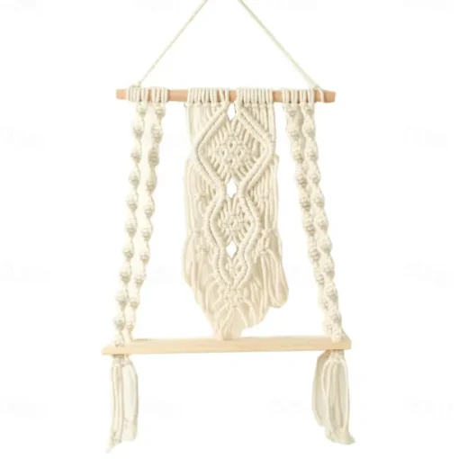 Macrame Wood Floating Shelves Handmade Woven Bohemian Wall Shelves Tapestry Cotton Woven Rope Hanging Shelves Decorative Storage Racks Holder Organizer Boho Decor For Home Bedroom Bathroom Plants