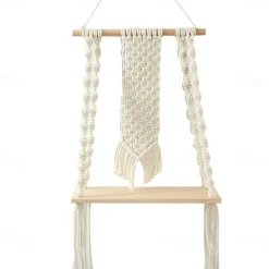 Macrame Wood Floating Shelves Handmade Woven Bohemian Wall Shelves Tapestry Cotton Woven Rope Hanging Shelves Decorative Storage Racks Holder Organizer Boho Decor For Home Bedroom Bathroom Plants