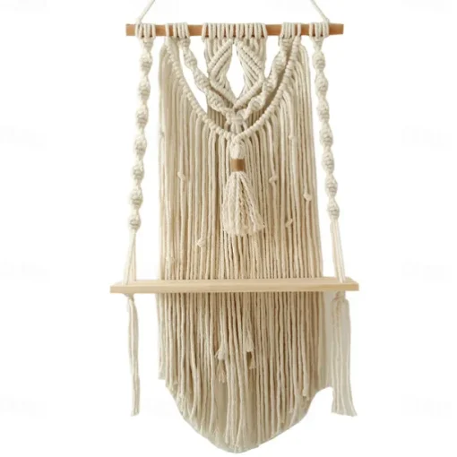 Macrame Wood Floating Shelves Handmade Woven Bohemian Wall Shelves Tapestry Cotton Woven Rope Hanging Shelves Decorative Storage Racks Holder Organizer Boho Decor For Home Bedroom Bathroom Plants