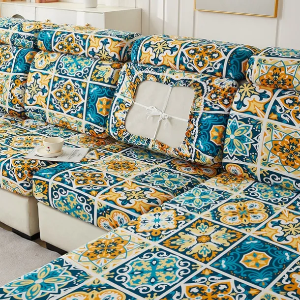 Magic Sofa Cover Stretch Sofa Seat Couch Cushion Slipcovers Vintage Style, Anti-Slip Furniture Protector for Sectional 1/2/3/4 Seat Cover,L Shape Sofa Covers, Chaise Lounge Sofa Slipcover