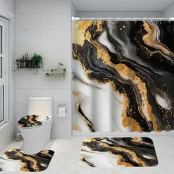 Marble Pattern Shower Curtain Set, 4-Piece Abstract Design, Waterproof Polyester with Non-Slip Bathroom Mat, Toilet Lid Cover, Rug, Includes 12 Hooks for Bathroom Decor