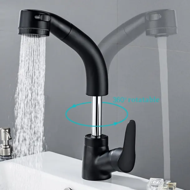 Matte Black Bathroom Basin Faucet Pull Out Spout Rotatable Liftable Body Deck Mounted Hot and Cold Water Mixer Tap