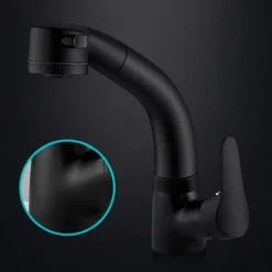 Matte Black Bathroom Basin Faucet Pull Out Spout Rotatable Liftable Body Deck Mounted Hot and Cold Water Mixer Tap