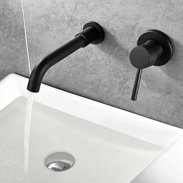 Matte Black Bathroom Sink Faucet Brass Wall Installation Basin Faucet Cold and Hot Water Mixer Tap Contemporary