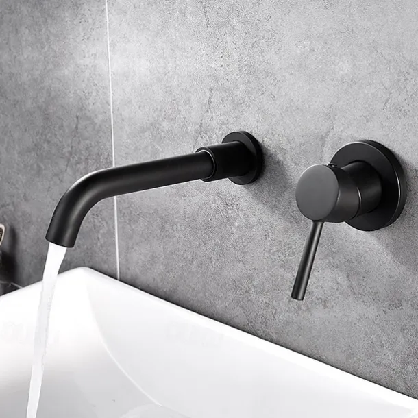 Matte Black Bathroom Sink Faucet Brass Wall Installation Basin Faucet Cold and Hot Water Mixer Tap Contemporary
