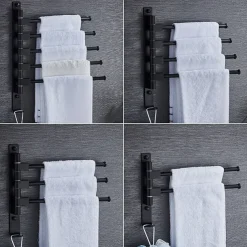 Matte Black Towel Bar with Hook,Self Adhesive Wall Mounted Swing Arm Contemporary Aluminum Multi Rods Towel Bar 1PC