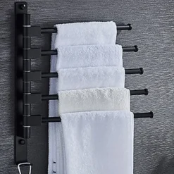 Matte Black Towel Bar with Hook,Self Adhesive Wall Mounted Swing Arm Contemporary Aluminum Multi Rods Towel Bar 1PC