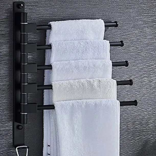 Matte Black Towel Bar with Hook,Self Adhesive Wall Mounted Swing Arm Contemporary Aluminum Multi Rods Towel Bar 1PC