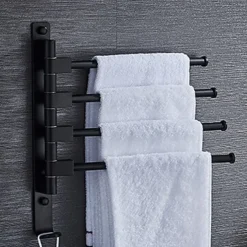 Matte Black Towel Bar with Hook,Self Adhesive Wall Mounted Swing Arm Contemporary Aluminum Multi Rods Towel Bar 1PC