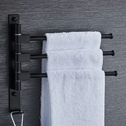 Matte Black Towel Bar with Hook,Self Adhesive Wall Mounted Swing Arm Contemporary Aluminum Multi Rods Towel Bar 1PC