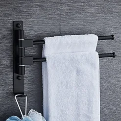Matte Black Towel Bar with Hook,Self Adhesive Wall Mounted Swing Arm Contemporary Aluminum Multi Rods Towel Bar 1PC