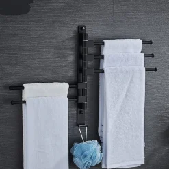 Matte Black Towel Bar with Hook,Self Adhesive Wall Mounted Swing Arm Contemporary Aluminum Multi Rods Towel Bar 1PC