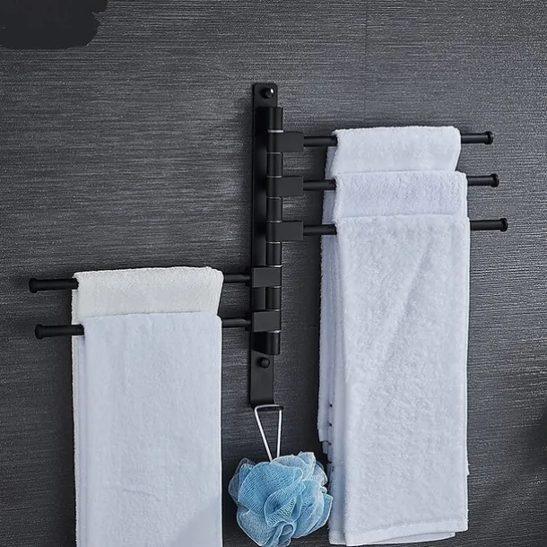 Matte Black Towel Bar with Hook,Self Adhesive Wall Mounted Swing Arm Contemporary Aluminum Multi Rods Towel Bar 1PC