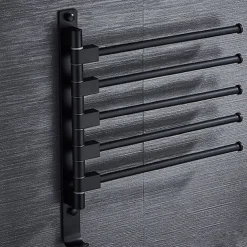 Matte Black Towel Bar with Hook,Self Adhesive Wall Mounted Swing Arm Contemporary Aluminum Multi Rods Towel Bar 1PC