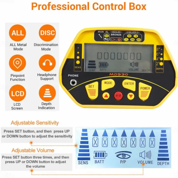 MD930 Waterproof Portable Metal Detector, High-sensitivity Underground Treasure Metal Detector with LCD
