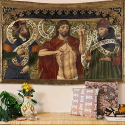 Medieval Tapestry Middle Age Tapestry Religious Art Large Tapestry Mural Decor Photograph Backdrop Home Bedroom Living Room Decoration Christ of Mercy between the Prophets David and Jeremiah