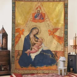 Medieval Tapestry Middle Age Tapestry Byzantine Art Large Tapestry Mural Decor Photograph Backdrop Home Bedroom Living Room Madonna of Humility, The Blessing Christ, Two Angels, and a Donor