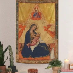 Medieval Tapestry Middle Age Tapestry Byzantine Art Large Tapestry Mural Decor Photograph Backdrop Home Bedroom Living Room Madonna of Humility, The Blessing Christ, Two Angels, and a Donor