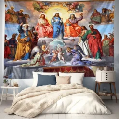 Medieval Tapestry Middle Age Wall Art Jesus and Angels Large Tapestry Mural Decor Photograph Backdrop Blanket Curtain Home Bedroom Living Room Decoration