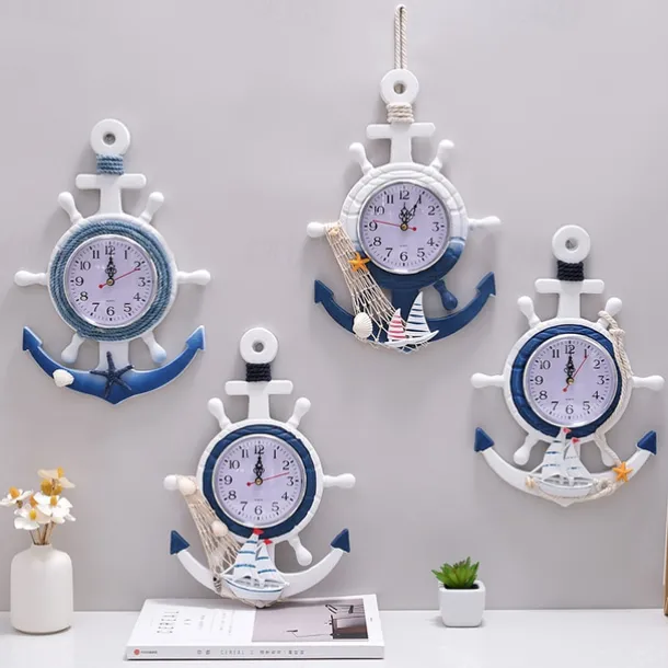 Mediterranean Style Blue and White Rudder Helmsman Anchor Personalized Wall Clock Clock Electronic Watch Decoration Navigation Clock Office Home Ocean Theme Wall Hanging