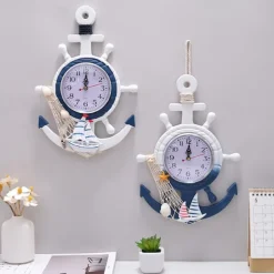 Mediterranean Style Blue and White Rudder Helmsman Anchor Personalized Wall Clock Clock Electronic Watch Decoration Navigation Clock Office Home Ocean Theme Wall Hanging
