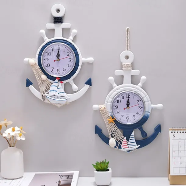 Mediterranean Style Blue and White Rudder Helmsman Anchor Personalized Wall Clock Clock Electronic Watch Decoration Navigation Clock Office Home Ocean Theme Wall Hanging