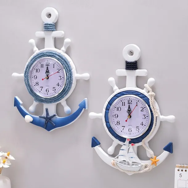 Mediterranean Style Blue and White Rudder Helmsman Anchor Personalized Wall Clock Clock Electronic Watch Decoration Navigation Clock Office Home Ocean Theme Wall Hanging