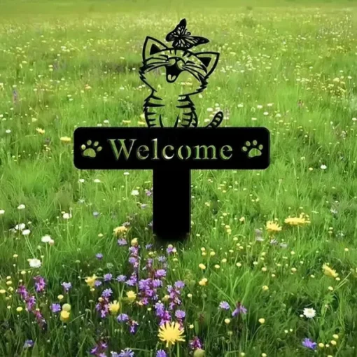 Metal Cat & Butterfly Yard Iron Art Insert French Bulldog Yard Garden Stakes Welcome Yard Sign. French Bulldog Decor