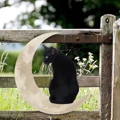 Metal cat and Moon Wall Decoration, Cat Art Silhouette Decor Cat and Moon Metal Wall Art Decoration, 3D Cat Sculpture Retro Metal Cut Out Design Plaque Crafts