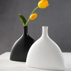 Minimalist Half-Oval Decorative Vase, Black and White Solid Color Tabletop Flower Vase, Modern Indoor Home Decor and Floral Arrangement Container