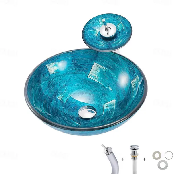 Minimalist Mediterranean Wind Round Basin Tempered Glass Wash Basin With Waterfall Faucet Basin Support Drainer