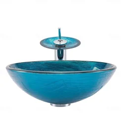 Minimalist Mediterranean Wind Round Basin Tempered Glass Wash Basin With Waterfall Faucet Basin Support Drainer