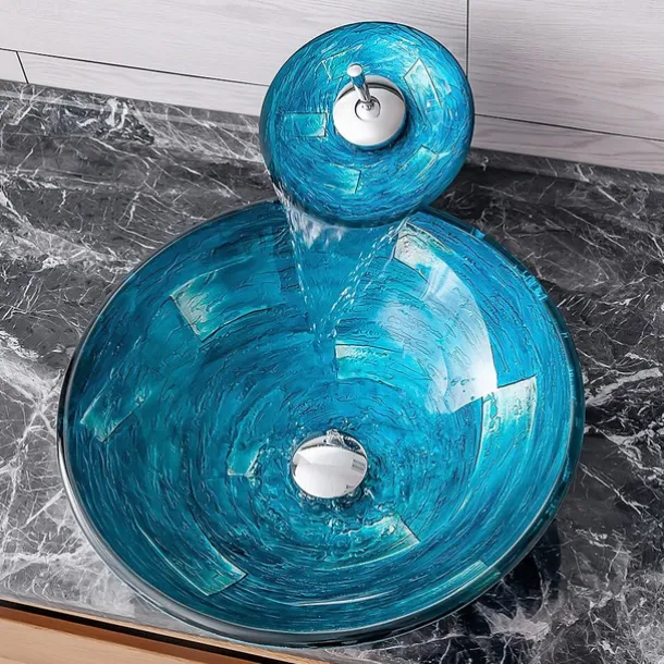 Minimalist Mediterranean Wind Round Basin Tempered Glass Wash Basin With Waterfall Faucet Basin Support Drainer