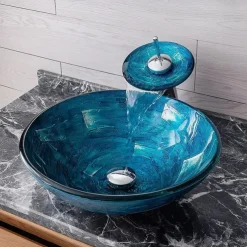 Minimalist Mediterranean Wind Round Basin Tempered Glass Wash Basin With Waterfall Faucet Basin Support Drainer