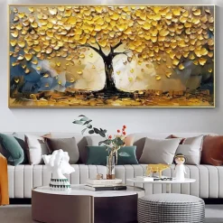 Mintura Handmade 3D Gold Tree Oil Paintings On Canvas Wall Art Decoration Modern Abstract Landscape Picture For Home Decor Rolled Frameless Unstretched Painting