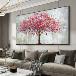 Mintura Handmade Oil Painting On Canvas Wall Art Decoration Modern Abstract Red Tree Picture For Home Decor Rolled Frameless Unstretched Painting