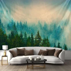 Misty Forest Landscape Hanging Tapestry Wall Art Large Tapestry Mural Decor Photograph Backdrop Blanket Curtain Home Bedroom Living Room Decoration