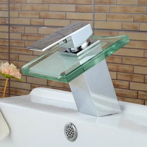 Modern Chrome Glass Waterfall Bathroom Basin Single Handle One Hole Bath Taps with Hot and Cold Water Switch