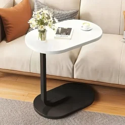 Modern C-Shaped Sofa Side Table & Coffee Table - Durable Wood & Iron Construction, 4 Colors (Walnut/Oak/Black/White) - Sturdy Frame for Living Room, Bedroom, RV & Balcony Decor