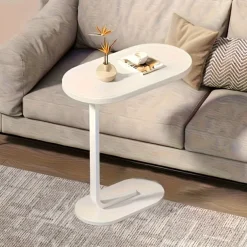 Modern C-Shaped Sofa Side Table & Coffee Table - Durable Wood & Iron Construction, 4 Colors (Walnut/Oak/Black/White) - Sturdy Frame for Living Room, Bedroom, RV & Balcony Decor