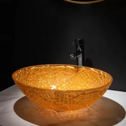 Modern Luxury Art Orange Oval Die Cast Glass Wash Basin With Faucet, Basin Holder And Drain