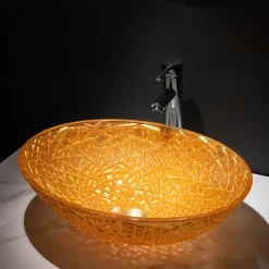 Modern Luxury Art Orange Oval Die Cast Glass Wash Basin With Faucet, Basin Holder And Drain