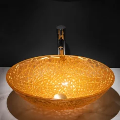 Modern Luxury Art Orange Oval Die Cast Glass Wash Basin With Faucet, Basin Holder And Drain