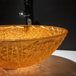 Modern Luxury Art Orange Oval Die Cast Glass Wash Basin With Faucet, Basin Holder And Drain